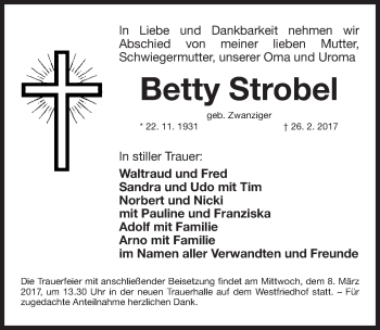 Traueranzeige von Betty Strobel von Gesamtausgabe Nürnberger Nachrichten/ Nürnberger Ztg.