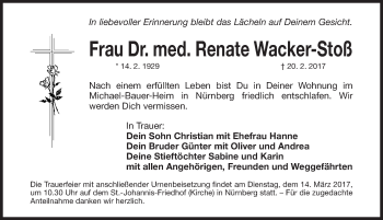 Traueranzeige von Renate Wacker-Stoß von Gesamtausgabe Nürnberger Nachrichten/ Nürnberger Ztg.