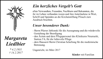 Traueranzeige von Margareta Liedlbier von Neumarkter Nachrichten Lokal