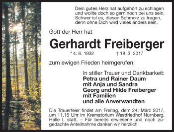 Traueranzeige von Gerhardt Freiberger von Gesamtausgabe Nürnberger Nachrichten/ Nürnberger Ztg.