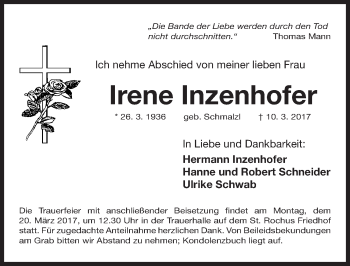 Traueranzeige von Irene Inzenhofer von Gesamtausgabe Nürnberger Nachrichten/ Nürnberger Ztg.