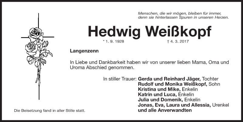  Traueranzeige für Hedwig Weißkopf vom 16.03.2017 aus Fürther Nachrichten Lokal