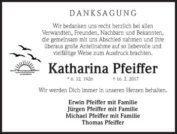 Traueranzeige von Katharina Pfeiffer von Gesamtausgabe Nürnberger Nachrichten/ Nürnberger Ztg.