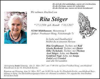 Traueranzeige von Rita Stöger von Neumarkter Nachrichten Lokal