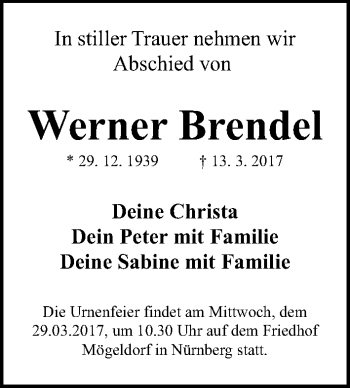 Traueranzeige von Werner Brendel von Gesamtausgabe Nürnberger Nachrichten/ Nürnberger Ztg.