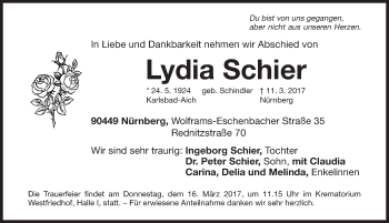 Traueranzeige von Lydia Schier von Gesamtausgabe Nürnberger Nachrichten/ Nürnberger Ztg.
