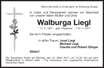 Traueranzeige von Walburga Liegl von Gesamtausgabe Nürnberger Nachrichten/ Nürnberger Ztg.