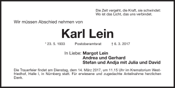 Traueranzeige von Karl Lein von Gesamtausgabe Nürnberger Nachrichten/ Nürnberger Ztg.