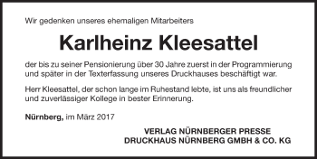 Traueranzeige von Karlheinz Kleesattel von Gesamtausgabe Nürnberger Nachrichten/ Nürnberger Ztg.
