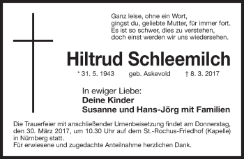 Traueranzeige von Hiltrud Schleemilch von Gesamtausgabe Nürnberger Nachrichten/ Nürnberger Ztg.