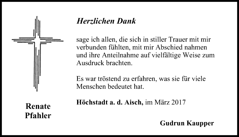  Traueranzeige für Renate Pfahler vom 29.03.2017 aus Nordbayerische Nachrichten Herzogenaurach Lokal