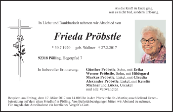 Traueranzeige von Frieda Pröbstle von Neumarkter Nachrichten Lokal