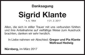 Traueranzeige von Sigrid Klante von Gesamtausgabe Nürnberger Nachrichten/ Nürnberger Ztg.