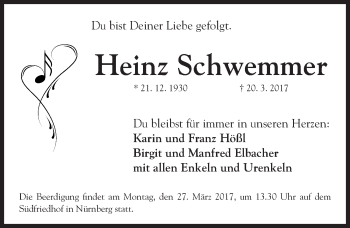 Traueranzeige von Heinz Schwemmer von Gesamtausgabe Nürnberger Nachrichten/ Nürnberger Ztg.