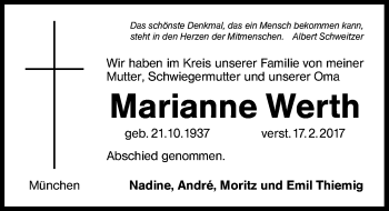 Traueranzeige von Marianne Werth von Schwabach
