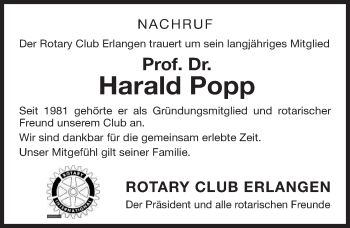 Traueranzeige von Harald Popp von Erlanger Nachrichten Lokal