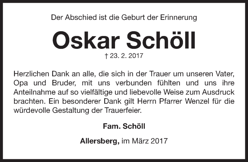  Traueranzeige für Oskar Schöll vom 25.03.2017 aus Roth-Hilpoltsteiner Volkszeitung Lokal