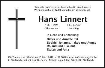 Traueranzeige von Hans Linnert von Gesamtausgabe Nürnberger Nachrichten/ Nürnberger Ztg.