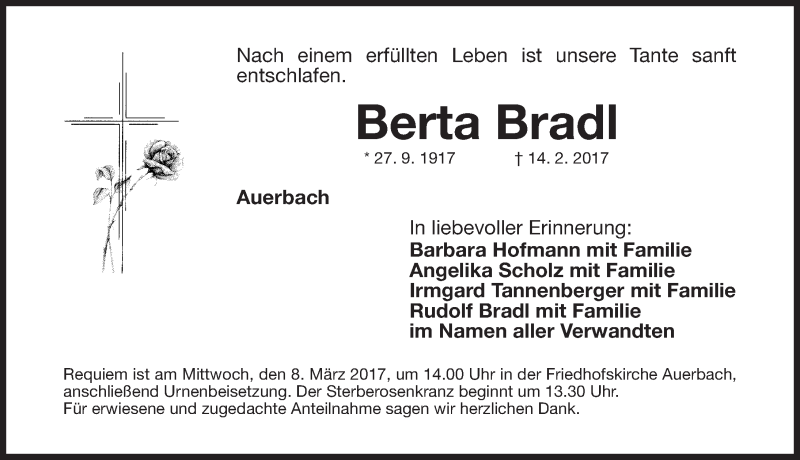  Traueranzeige für Berta Bradl vom 04.03.2017 aus Nordbayerische Nachrichten Pegnitz Lokal