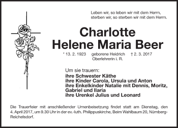 Traueranzeige von Charlotte Helene Maria Beer  von Gesamtausgabe Nürnberger Nachrichten/ Nürnberger Ztg.