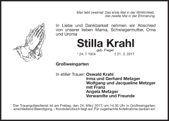 Traueranzeige von Stilla Krahl von Roth-Hilpoltsteiner Volkszeitung Lokal