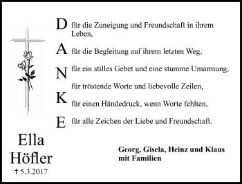 Traueranzeige von Ella Höfler von Gesamtausgabe Nürnberger Nachrichten/ Nürnberger Ztg.