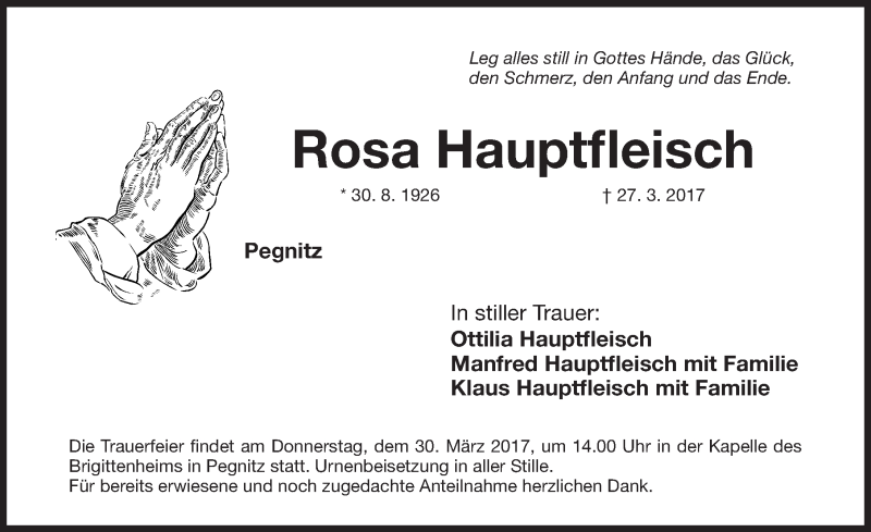  Traueranzeige für Rosa Hauptfleisch vom 29.03.2017 aus Nordbayerische Nachrichten Pegnitz Lokal