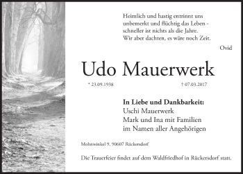 Traueranzeige von Udo Mauerwerk von Gesamtausgabe Nürnberger Nachrichten/ Nürnberger Ztg.