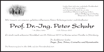 Traueranzeige von Peter Schuhr von Gesamtausgabe Nürnberger Nachrichten/ Nürnberger Ztg.