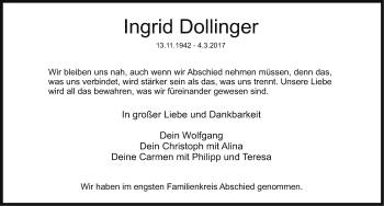 Traueranzeige von Ingrid Dollinger von Erlanger Nachrichten Lokal