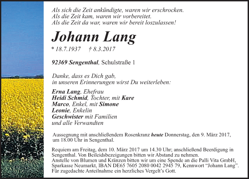  Traueranzeige für Johann Lang vom 09.03.2017 aus Neumarkter Nachrichten Lokal