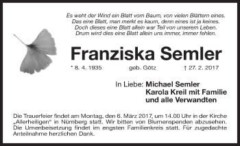 Traueranzeige von Franziska Semler von Gesamtausgabe Nürnberger Nachrichten/ Nürnberger Ztg.