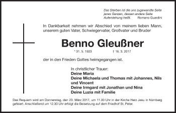 Traueranzeige von Benno Gleußner von Gesamtausgabe Nürnberger Nachrichten/ Nürnberger Ztg.