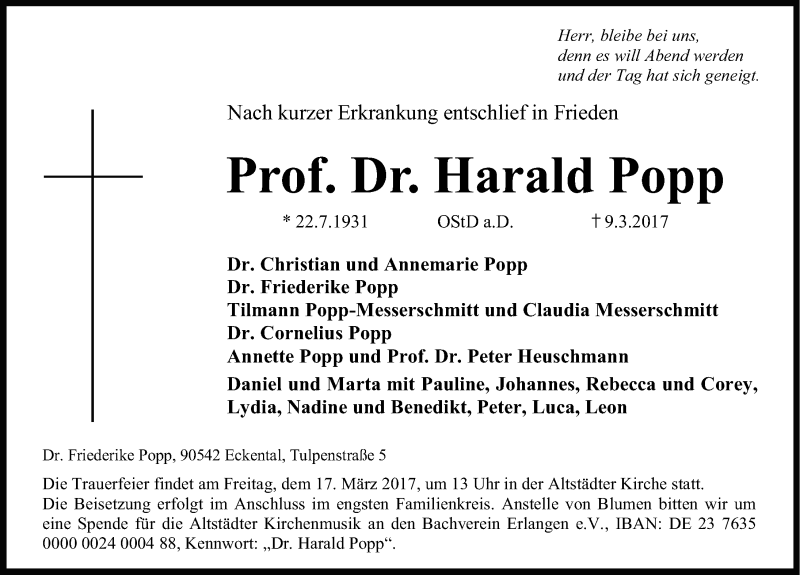  Traueranzeige für Harald Popp vom 13.03.2017 aus Erlanger Nachrichten Lokal