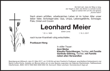 Traueranzeige von Leonhard Meier von Neumarkter Nachrichten Lokal
