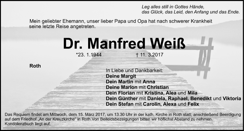  Traueranzeige für Manfred Weiß vom 13.03.2017 aus Roth-Hilpoltsteiner Volkszeitung Lokal