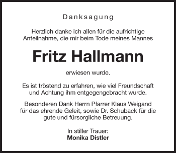 Traueranzeige von Fritz Hallmann von Nordbayerische Nachrichten Forchheim Lokal