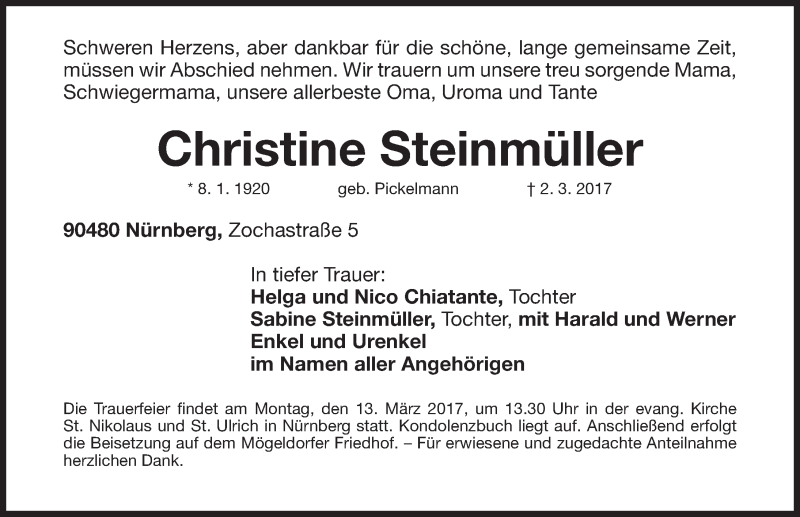  Traueranzeige für Christine Steinmüller vom 08.03.2017 aus Gesamtausgabe Nürnberger Nachrichten/ Nürnberger Ztg.
