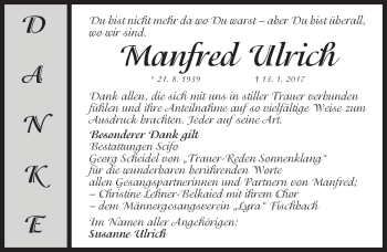 Traueranzeige von Manfred Ulrich von Gesamtausgabe Nürnberger Nachrichten/ Nürnberger Ztg.