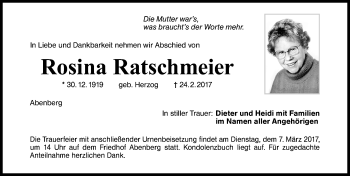 Traueranzeige von Rosina Ratschmeier von Roth-Hilpoltsteiner Volkszeitung Lokal