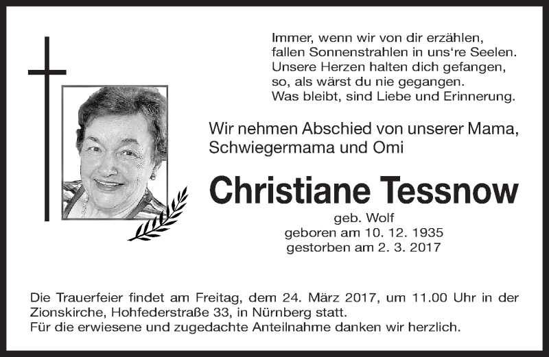  Traueranzeige für Christiane Tessnow vom 22.03.2017 aus Gesamtausgabe Nürnberger Nachrichten/ Nürnberger Ztg.