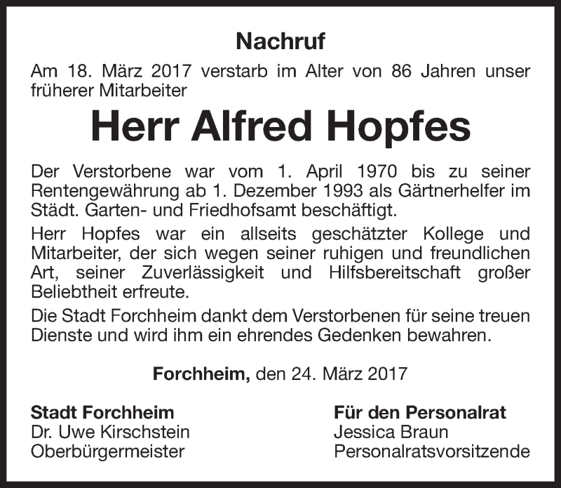  Traueranzeige für Alfred Hopfes vom 24.03.2017 aus Nordbayerische Nachrichten Forchheim Lokal