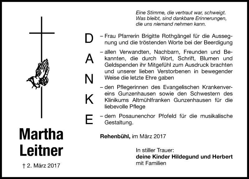  Traueranzeige für Martha Leitner vom 13.03.2017 aus Altmühl-Bote Lokal