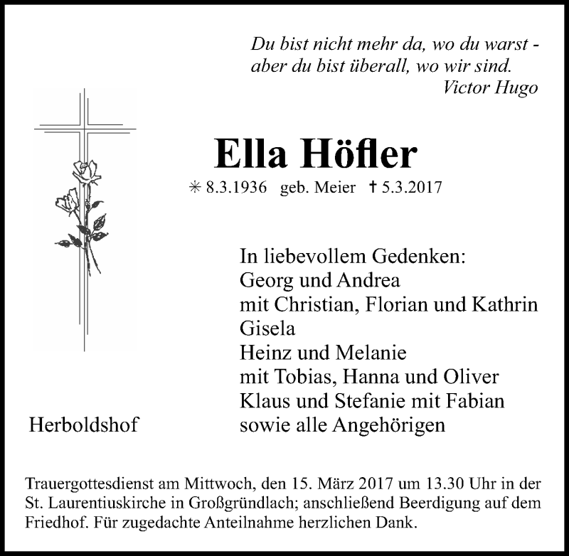  Traueranzeige für Ella Höfler vom 11.03.2017 aus Gesamtausgabe Nürnberger Nachrichten/ Nürnberger Ztg.