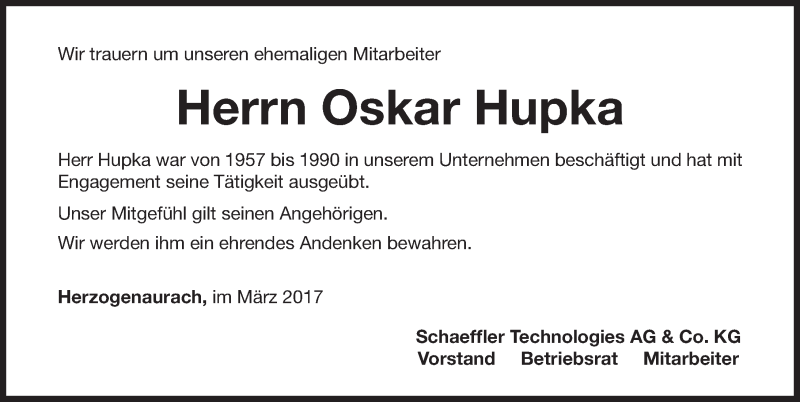  Traueranzeige für Oskar Hupka vom 10.03.2017 aus Nordbayerische Nachrichten Herzogenaurach Lokal