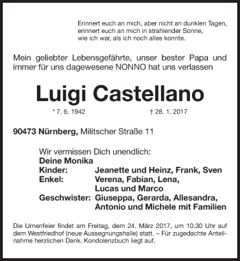 Traueranzeige von Luigi Castellano von Gesamtausgabe Nürnberger Nachrichten/ Nürnberger Ztg.