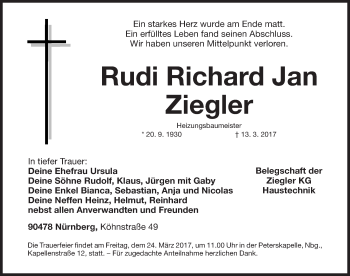 Traueranzeige von Rudi Richard Jan Ziegler von Gesamtausgabe Nürnberger Nachrichten/ Nürnberger Ztg.