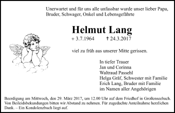 Traueranzeige von Helmut Lang von Nordbayerische Nachrichten Herzogenaurach Lokal