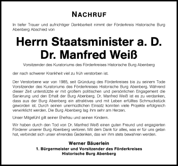 Traueranzeige von Manfred Weiß von Schwabach