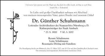 Traueranzeige von Günther Schuhmann von Gesamtausgabe Nürnberger Nachrichten/ Nürnberger Ztg.